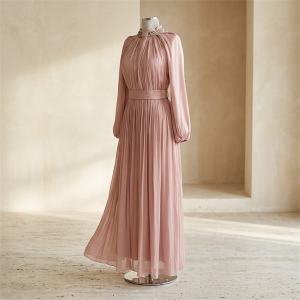 Robe de Soirée Longue Plissée Rose Poudré avec Col Bijou