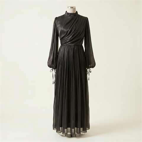 Robe de Soirée Longue Plissée Noire à Col Montant