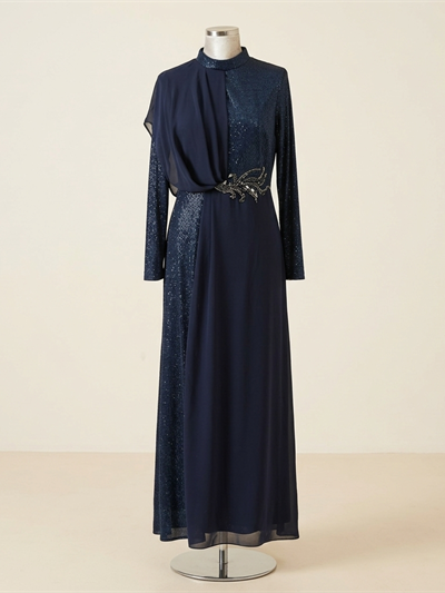 Robe de Soirée Longue Scintillante Bleu Nuit avec Drapé