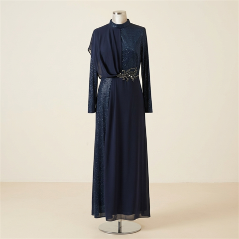 Robe de Soirée Longue Scintillante Bleu Nuit avec Drapé