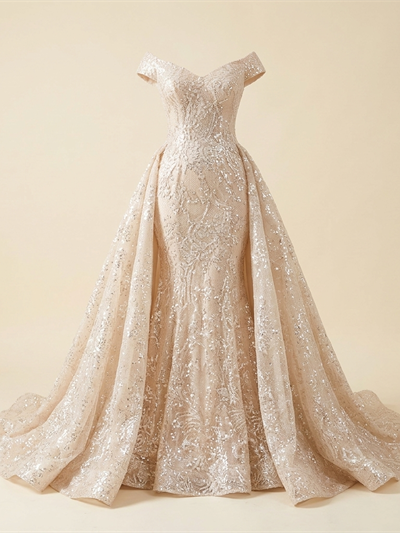 Robe de Soirée Longue Sirène Scintillante avec Traîne Champagne