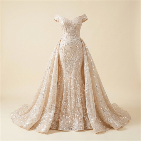 Robe de Soirée Longue Sirène Scintillante avec Traîne Champagne