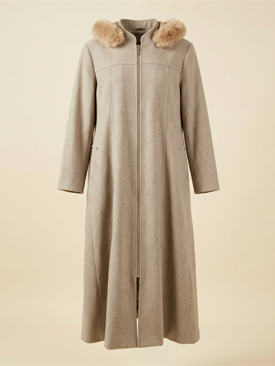 Manteau Pardessus Long Beige à Capuche avec Fourrure