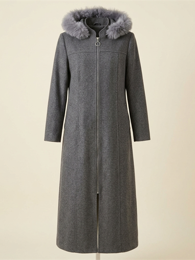 Manteau Long Pardessus Gris à Capuche Fourrée