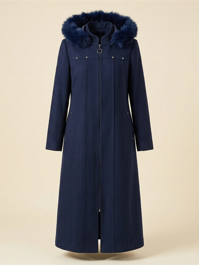 Pardessus Long Bleu Marine à Capuche Fourrée