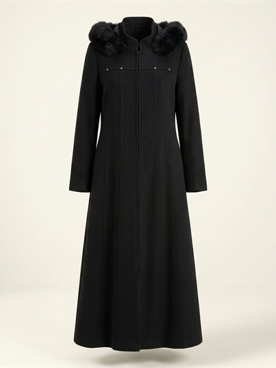 Manteau long pardessus noir avec col en fausse fourrure