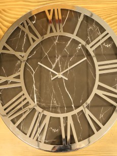 Horloge noir  murale Design Moderne, Cadres et Aiguilles en métal, avec Cadran en Effet  marbre 40 cm (Argent)