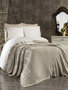 Ipekce Home housse de couette avec couverture tricot 2 personnes brodé damassé 7 pièces Atlantis Tricots - Beige