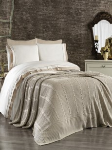 Ipekce Home housse de couette avec couverture tricot 2 personnes brodé damassé 7 pièces Atlantis Tricots - Beige