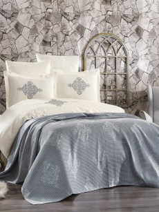 Ipekce Home housse de couette avec couverture tricot 2 personnes brodé damassé 7 pièces - gris