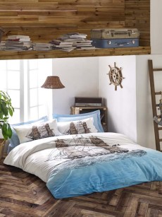 Ensemble de housse de couette 2 personnes en coton - Maritime Ship Mavi Ranforce