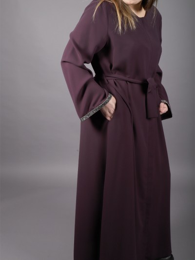 Abaya col rond , strass , violet 