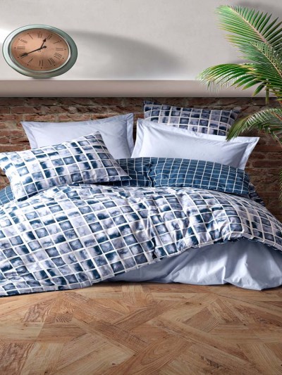 Ensemble housse de couette 2 personnes minimaliste Cotton Box Palo Bleu