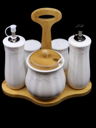 Pot à épices-sel et poivre huile et vinaigre ensemble porcelaine et bambou AL-7879 Almina