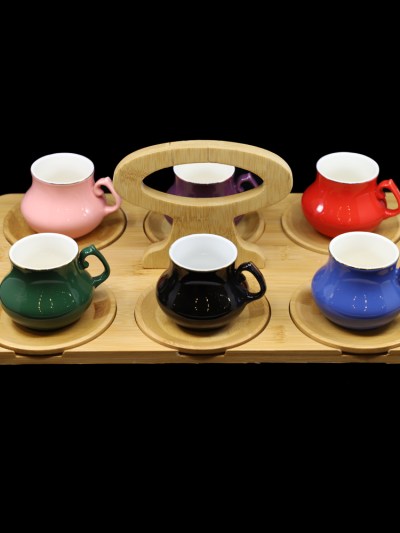 Ensemble de café 6 pièces avec plateau bambou Almina multicolore