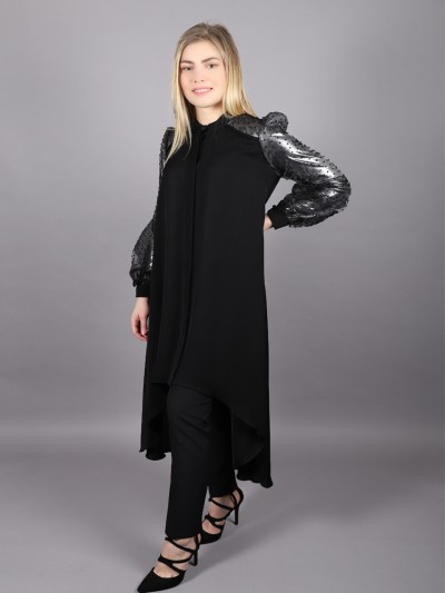 Chemise brillantes à manches bouffantes transparentes Puane - noir