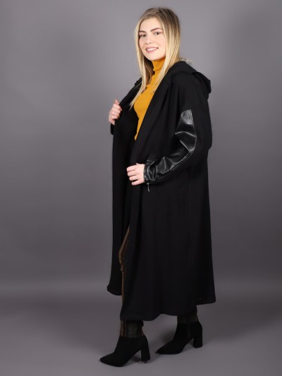 Veste longue avec manches en simili-cuir Puane - noir