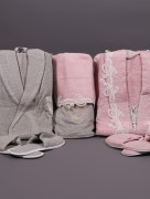 Ensemble de peignoirs avec guipure Ipekce 7 pièces - Rose/Gris